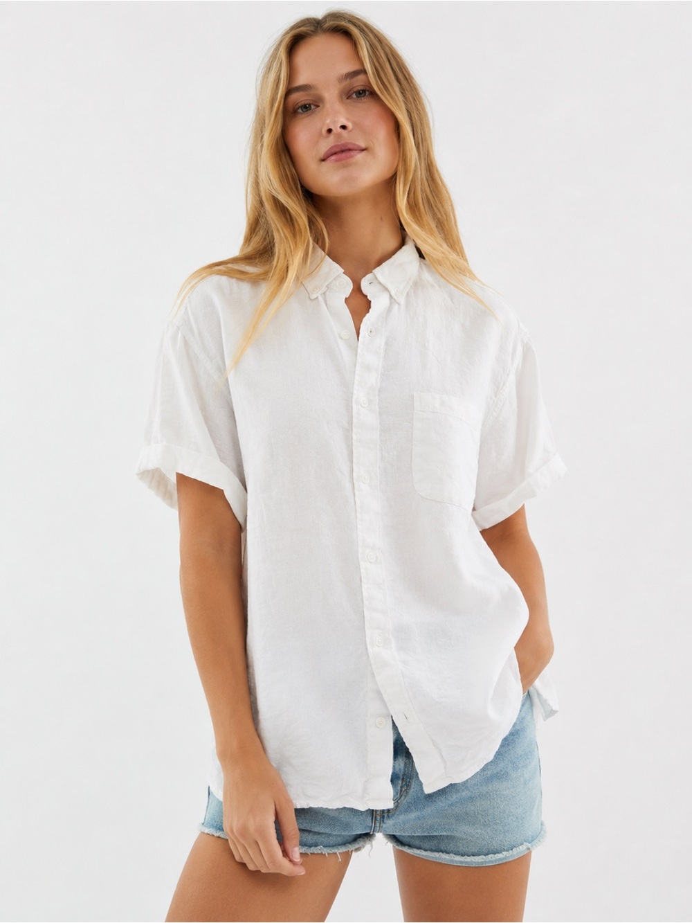 Everlane White Short-Sleeve Linen Button-Down Shirt Blouse Large Minimalist